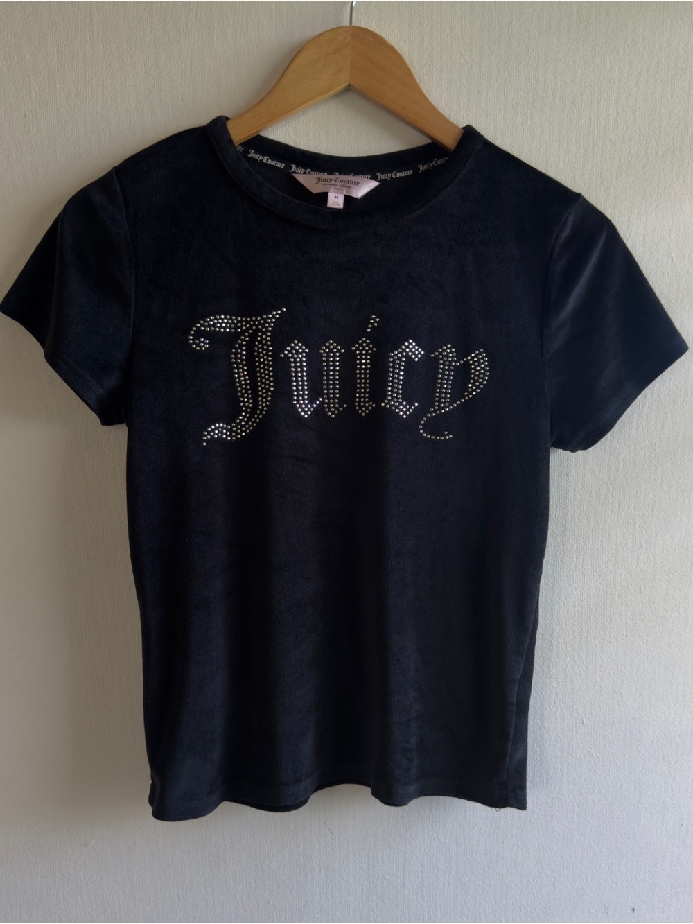 Juicy Couture Black Velour Rhinestone Script Logo Short Sleeve Top Medium